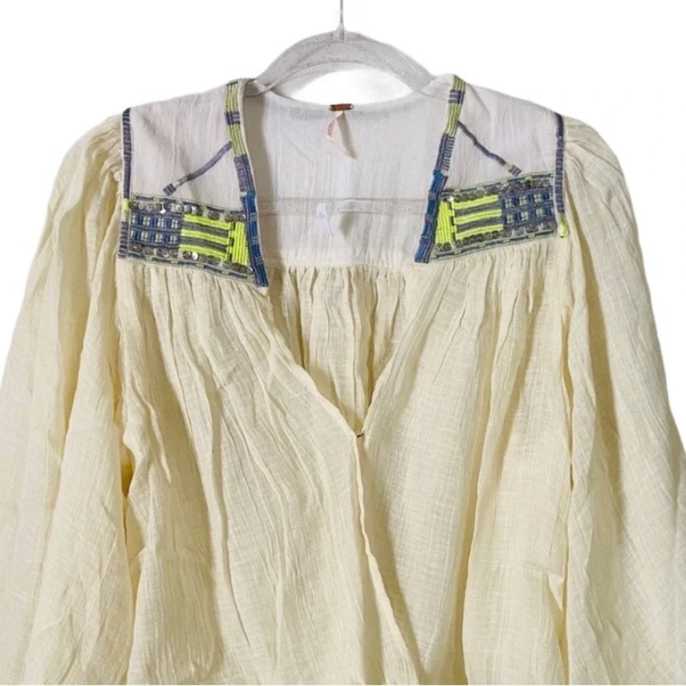 Free People Cream‎ Gauze Embroidered Sequin Boho Blouse Top XS